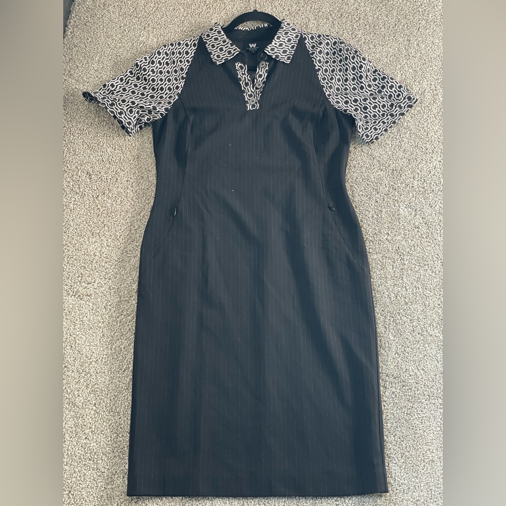 W by Worth Black Pinstripe Dress W/Chain Link Patterned Sleeves/Collar SZ 10